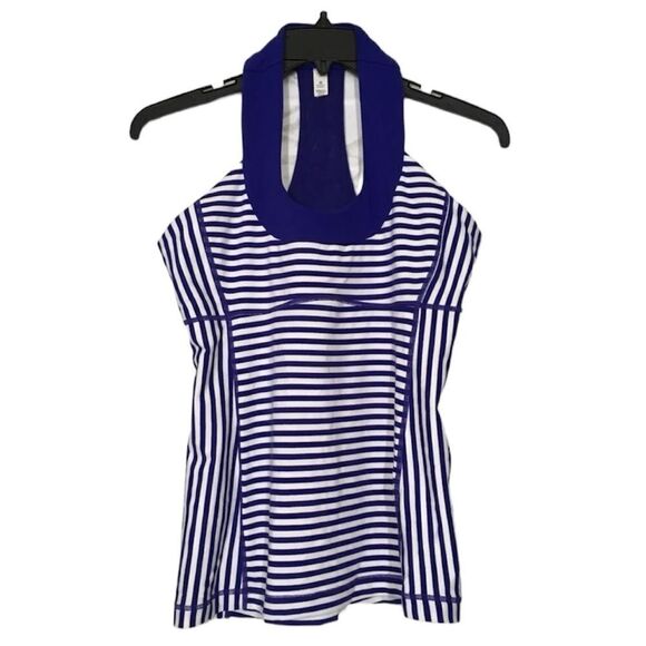 LULULEMON SCOOP NECK STRIPE RACER‎ BACK ATHLETIC WORKOUT TANK TOP BLUE WHITE 10 - Picture 2 of 14